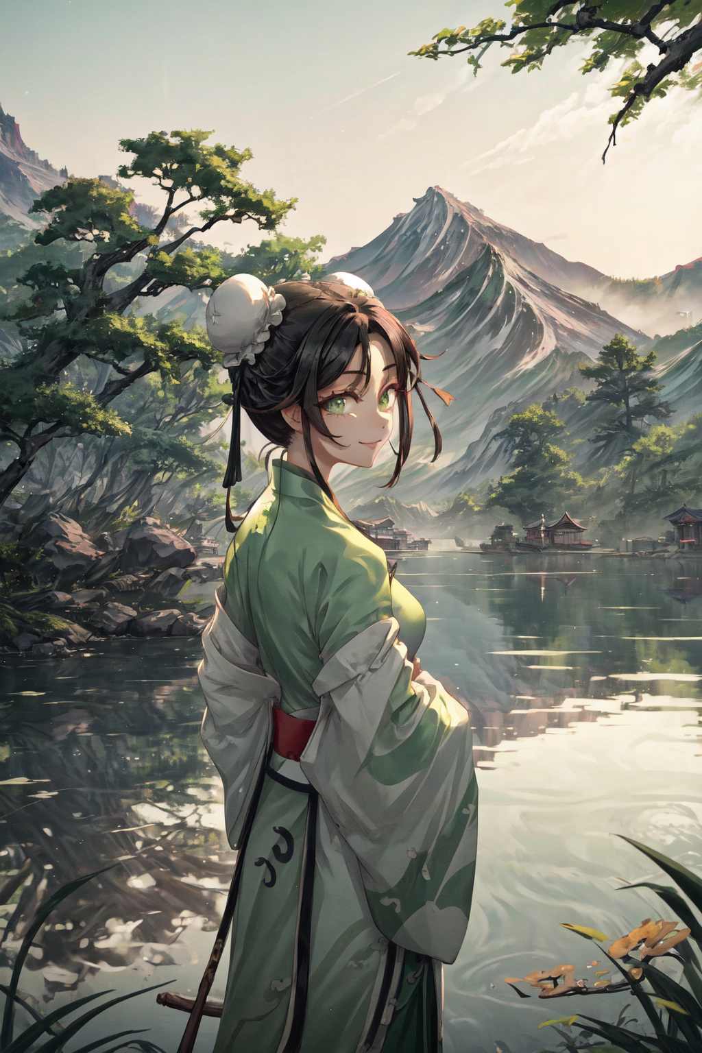 00156-3480460612-masterpiece,best quality,1girl,solo,Qin Liangyu,double bun,bun cover,sidelocks,black hair,green eyes,hanfu,smile on shore,lookin.png